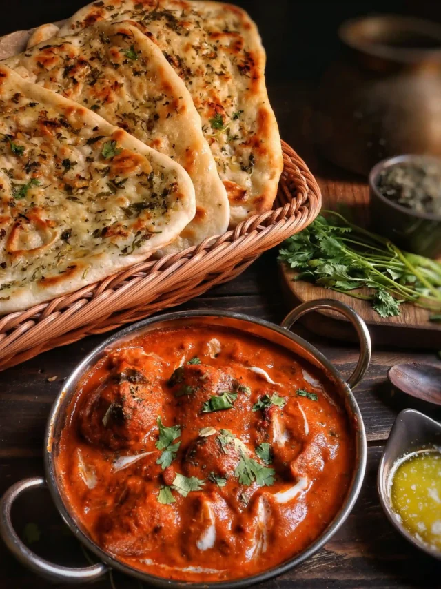 Aromatic Indian butter chicken curry with fluffy tandoori roti on the side.