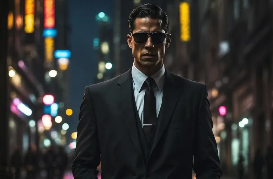 An AI-generated Intelligence Agent stands confidently in a black suit, white shirt, black tie, and black goggles against a blurred nighttime street backdrop.