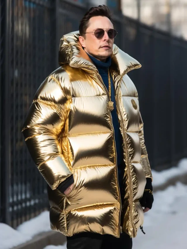 Elon Musk sporting a stylish golden bomber jacket and sunglasses, adorned with a distinctive golden chain hanging gracefully from his neck.