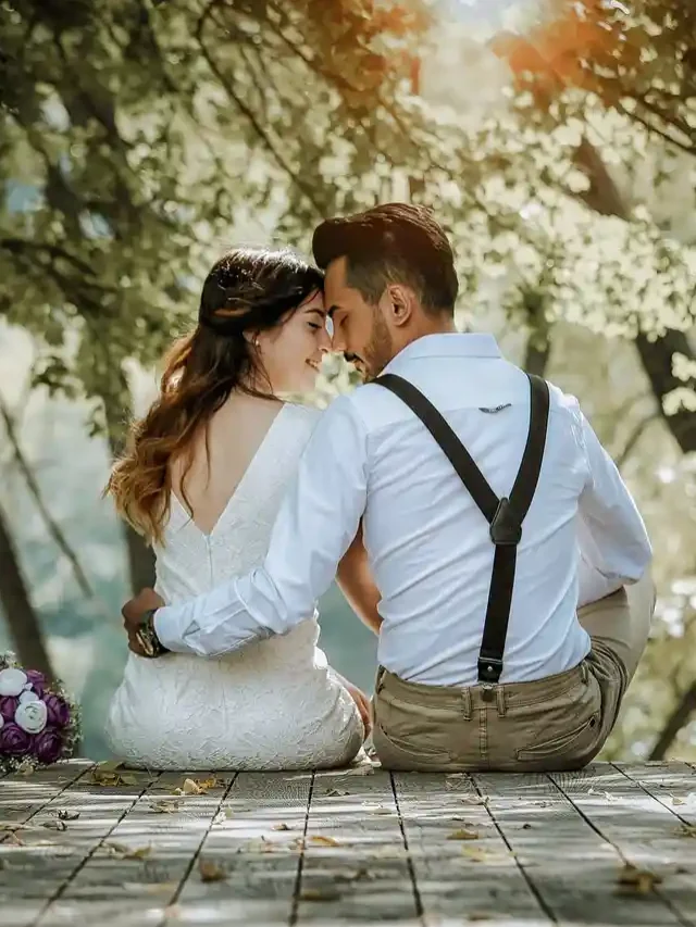 A man holding a girl on a wooden top, both in white attire, with a bouquet of flowers beside the girl.